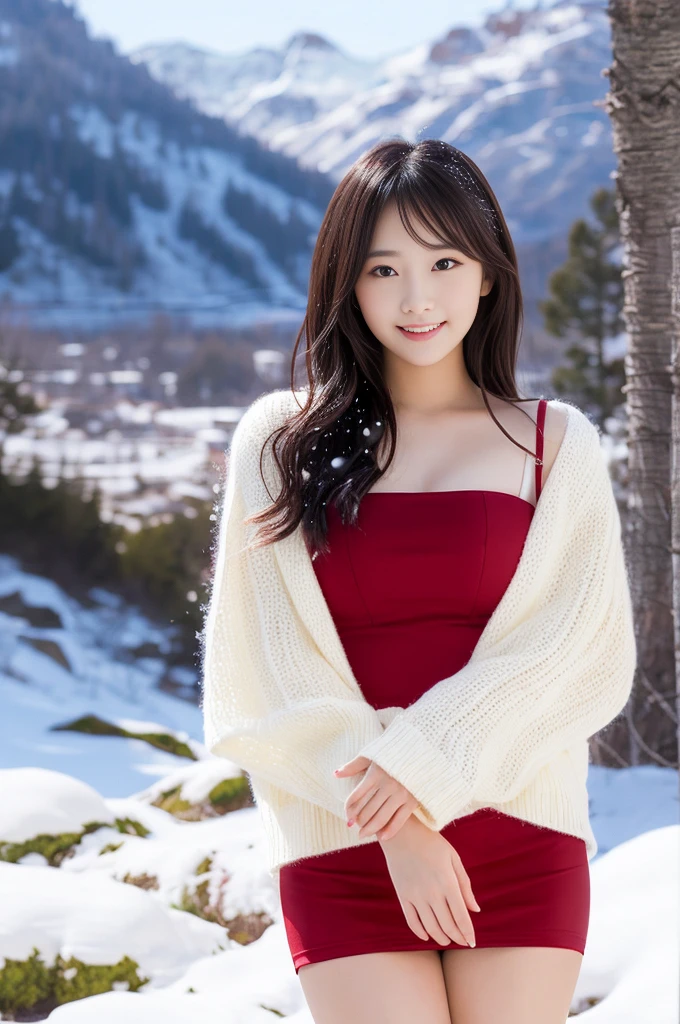 the Extremely Detailed CG Unity 8K Wallpapers, top-quality, ultra-detailed, masterpiece, realistic, Photo Real, extremely detailed cute girl, 16-years old, (skirt rift), (skirt lift by yourself)), Different color panties for each image, panties focus, red blush, cparted lips, looking at the viewers, Half body shot, Beautiful girl wearing fashionable and classy clothes, Beautiful snowfall landscape with snowy mountains) Different hair lengths and waves for each image, Sweet smile