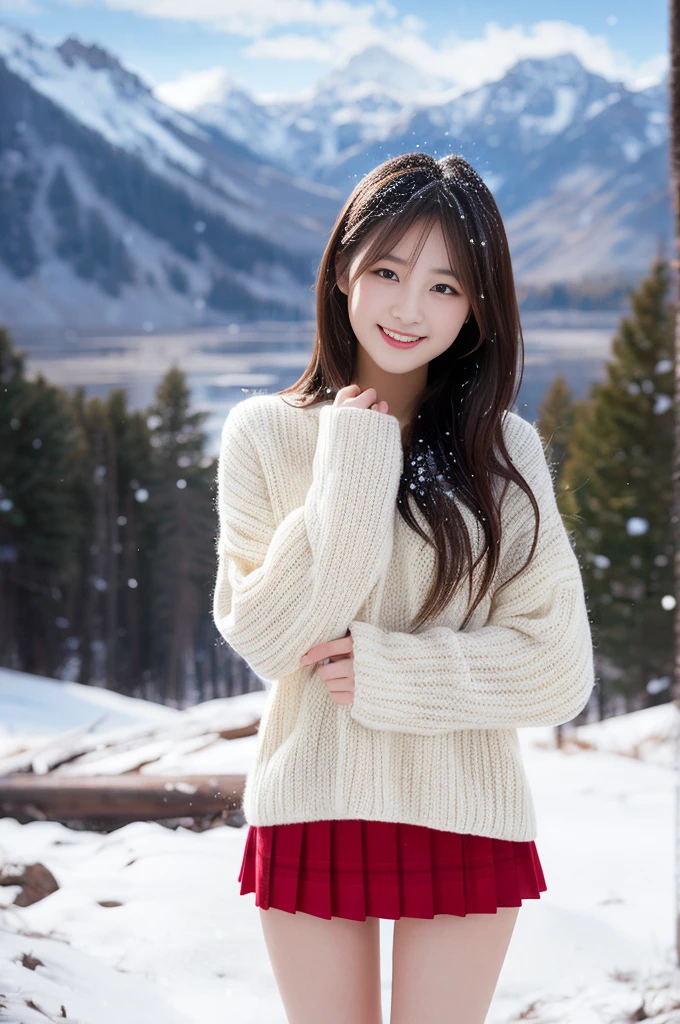 the Extremely Detailed CG Unity 8K Wallpapers, top-quality, ultra-detailed, masterpiece, realistic, Photo Real, extremely detailed cute girl, 16-years old, (skirt rift), (skirt lift by yourself)), Different color panties for each image, panties focus, red blush, cparted lips, looking at the viewers, Half body shot, Beautiful girl wearing fashionable and classy clothes, Beautiful snowfall landscape with snowy mountains) Different hair lengths and waves for each image, Sweet smile