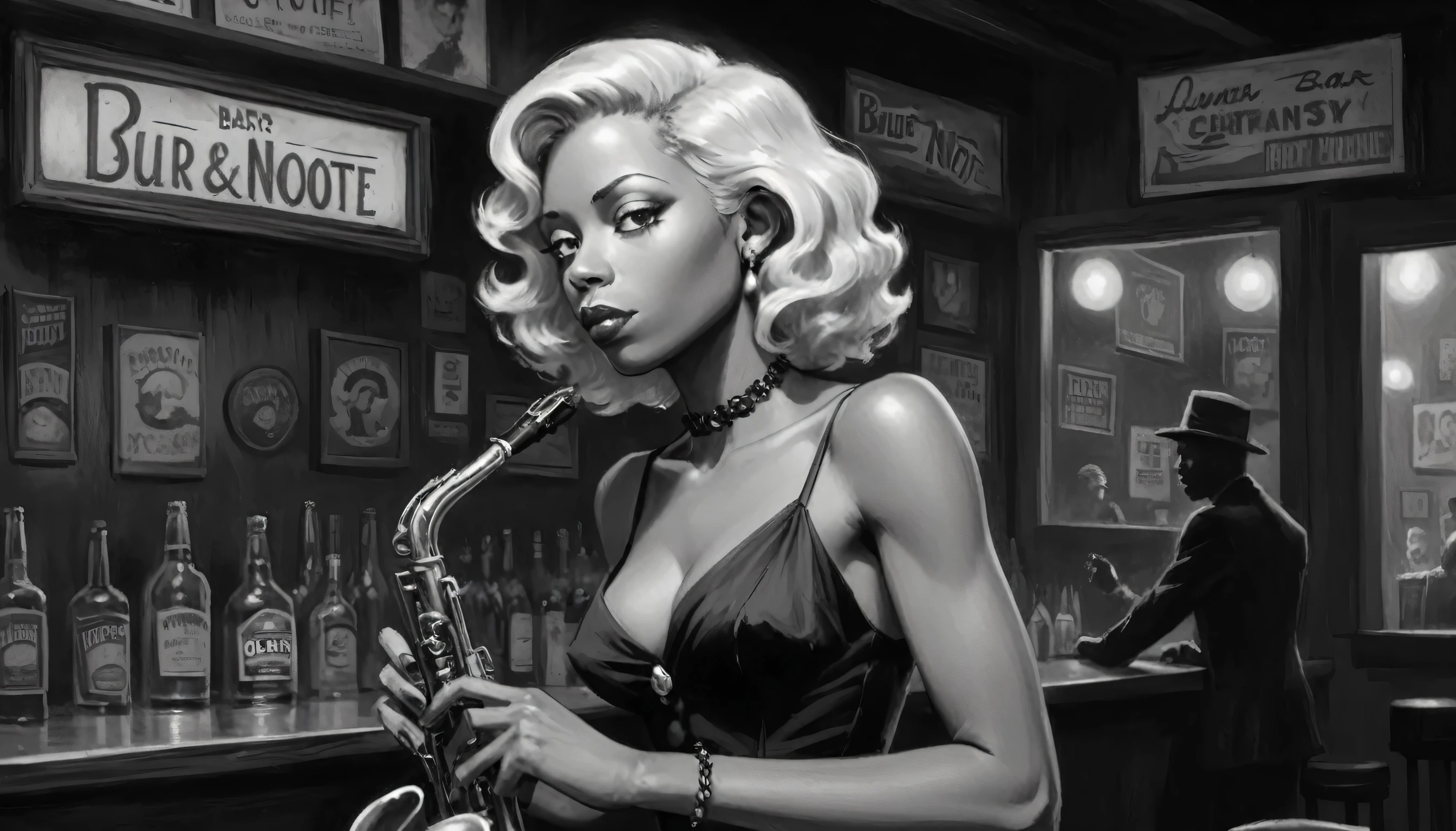 robert johnson, gritty, alabama bar, blue note, charismatic, illustration, bw, noir fantasy, lone blonde lady, saxophonist