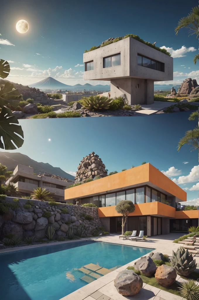 An illustration in collage style, with giant boulders, brutalist building sections, terraces, stairs, cacti, agave, concrete texture, multiple geometric shapes, hatch and cross hatching, planet saturn, volcano, moon, Luis Barragán's architectural style build, milky way galaxy, violet, one motorcycle, An illustration in collage style, with giant boulders, brutalist building sections, stairs, cacti, agave, concrete texture, multiple geometric shapes, hatch and cross hatching, planet saturn, volcano, moon, Luis Barragán's architectural style build, reflective pool, terraces. An elegant and modern build, in top of big boulders, with terraces, materials concrete, wood, steel and crystal, various gardens with tropical vegetation, cacti and rocks, stairs, a pool. In middle of sea, a big wave near, sunset, mountains and a volcano in the horizont, cute islands around, illustration format, cute color palette, detailed, masterpiece, award-winning work, clouds, Illustration, a garden with abundant cacti, ((various organic sculptures)), ((big rocks)), (((multiple sections))), collage style, detailed, (((color palette (olive green), (Mustard orange), cool grey, ((blue)), black and white))), (((a lot Luis barragán's architecture style builds))) big clouds, volcano in horizon, stairs, in the desert. ((masterpiece, best quality)),illustration,ultra detailed 8k, ((Ori Toor visual style)),soviet, megabuildings, megastructures, buildings, organic steel sculpture (((ilya kuvshinov)))
