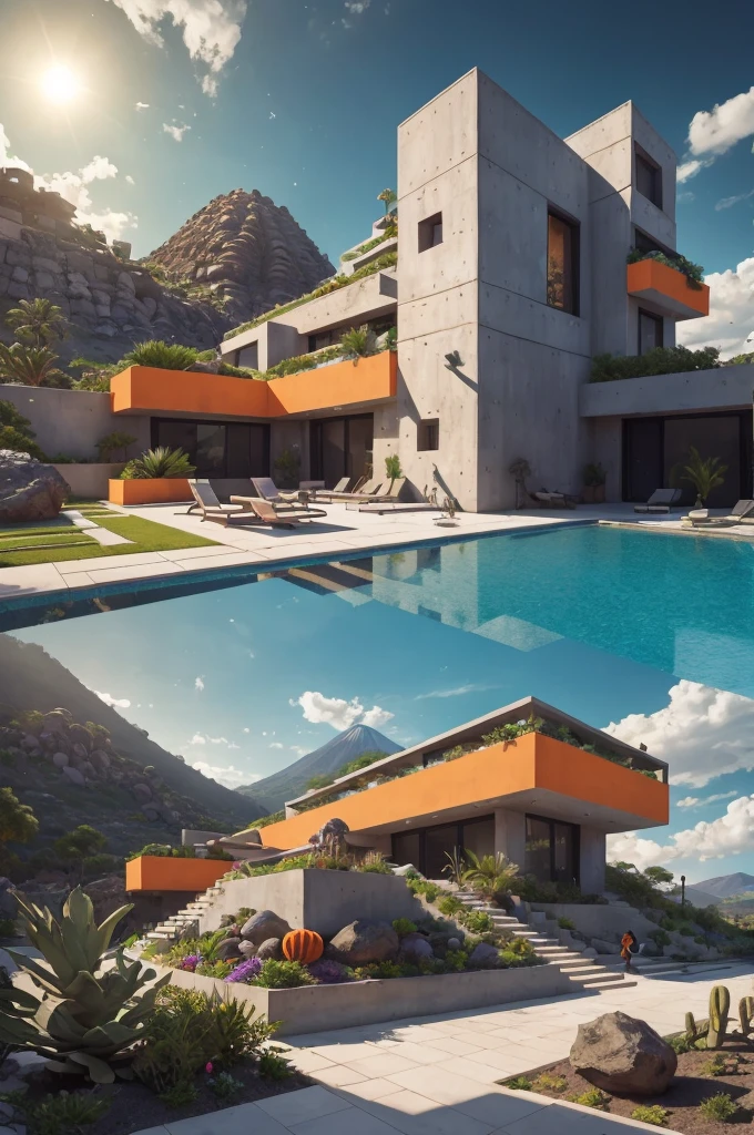 An illustration in collage style, with giant boulders, brutalist building sections, terraces, stairs, cacti, agave, concrete texture, multiple geometric shapes, hatch and cross hatching, planet saturn, volcano, moon, Luis Barragán's architectural style build, milky way galaxy, violet, one motorcycle, An illustration in collage style, with giant boulders, brutalist building sections, stairs, cacti, agave, concrete texture, multiple geometric shapes, hatch and cross hatching, planet saturn, volcano, moon, Luis Barragán's architectural style build, reflective pool, terraces. An elegant and modern build, in top of big boulders, with terraces, materials concrete, wood, steel and crystal, various gardens with tropical vegetation, cacti and rocks, stairs, a pool. In middle of sea, a big wave near, sunset, mountains and a volcano in the horizont, cute islands around, illustration format, cute color palette, detailed, masterpiece, award-winning work, clouds, Illustration, a garden with abundant cacti, ((various organic sculptures)), ((big rocks)), (((multiple sections))), collage style, detailed, (((color palette (olive green), (Mustard orange), cool grey, ((blue)), black and white))), (((a lot Luis barragán's architecture style builds))) big clouds, volcano in horizon, stairs, in the desert. ((masterpiece, best quality)),illustration,ultra detailed 8k, ((Ori Toor visual style)),soviet, megabuildings, megastructures, buildings, organic steel sculpture (((ilya kuvshinov)))