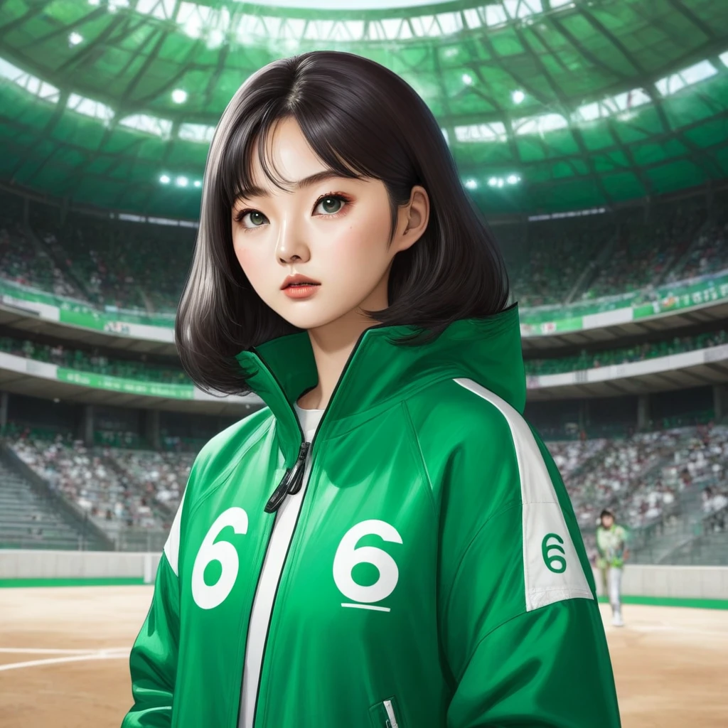 Hoyeon Jung, korean woman, 1 woman wearing green and white jacket which has the number 67 on the top left, squid game, Kang Sae-byeok, in a stone arena, front view
