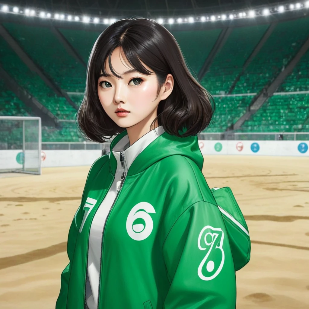 Hoyeon Jung, korean woman, 1 woman wearing green and white jacket which has the number 67 on the top left, squid game, Kang Sae-byeok, in a stone arena, front view
