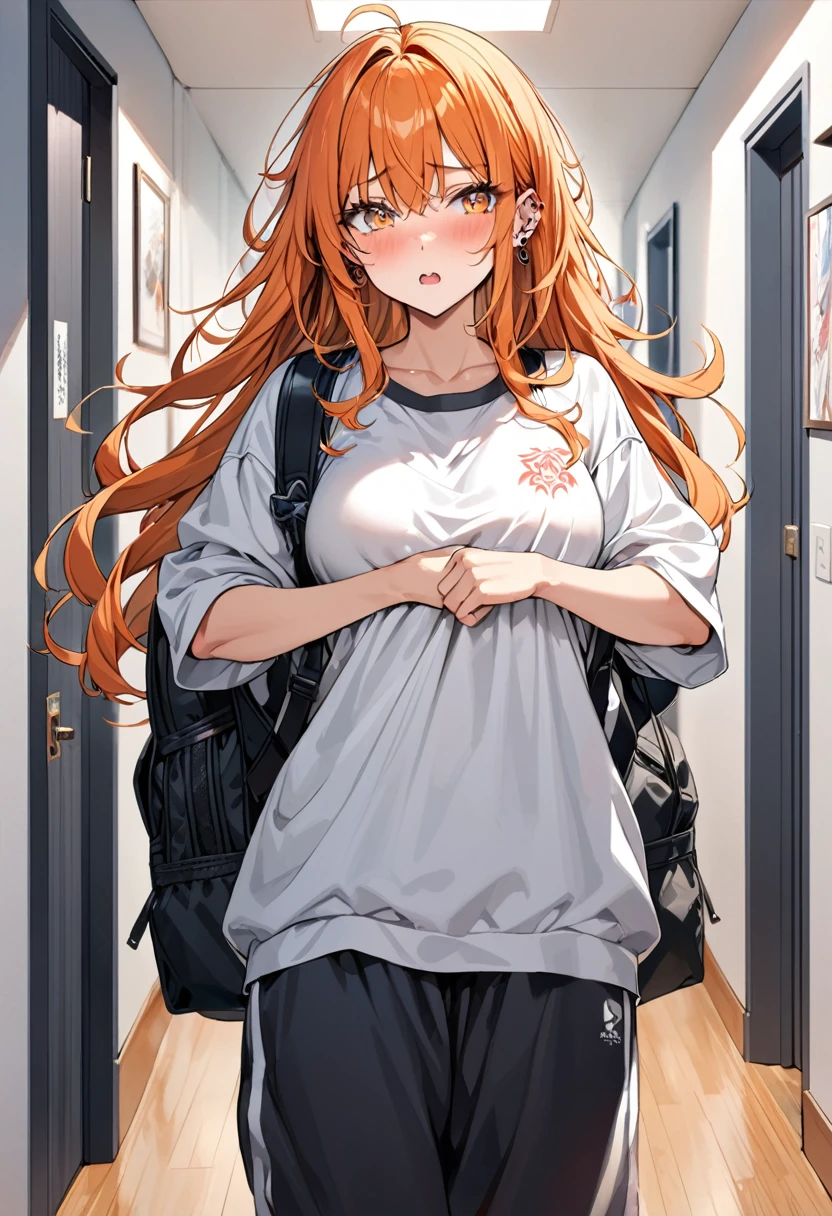 20 year old female, long orange hair, messy hair, perfect eyes, perfect irises, perfect pupils, thick thighs, oversized shirt, baggy black sweatpants, large, oversized backpack, many ear piercings, holding backpack straps, flustered, apartment hallway, otaku, standing in door, highly detailed, best detail, best hands, right forearm tattoo, perfect tattoo, perfect hands, perfect fingers, perfect anatomy