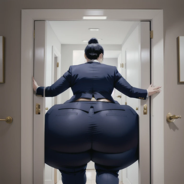 masterpiece, 1girl behind a doorway, from behind, (doorstuck, stuckbehind:1.3), huge hips, round belly, thick thighs, colorful clothing, wearing suit and tie and formal pants, upset, desperately trying to wiggle through, she tries to free herself but she won't budge, she is stuck tight view from behind