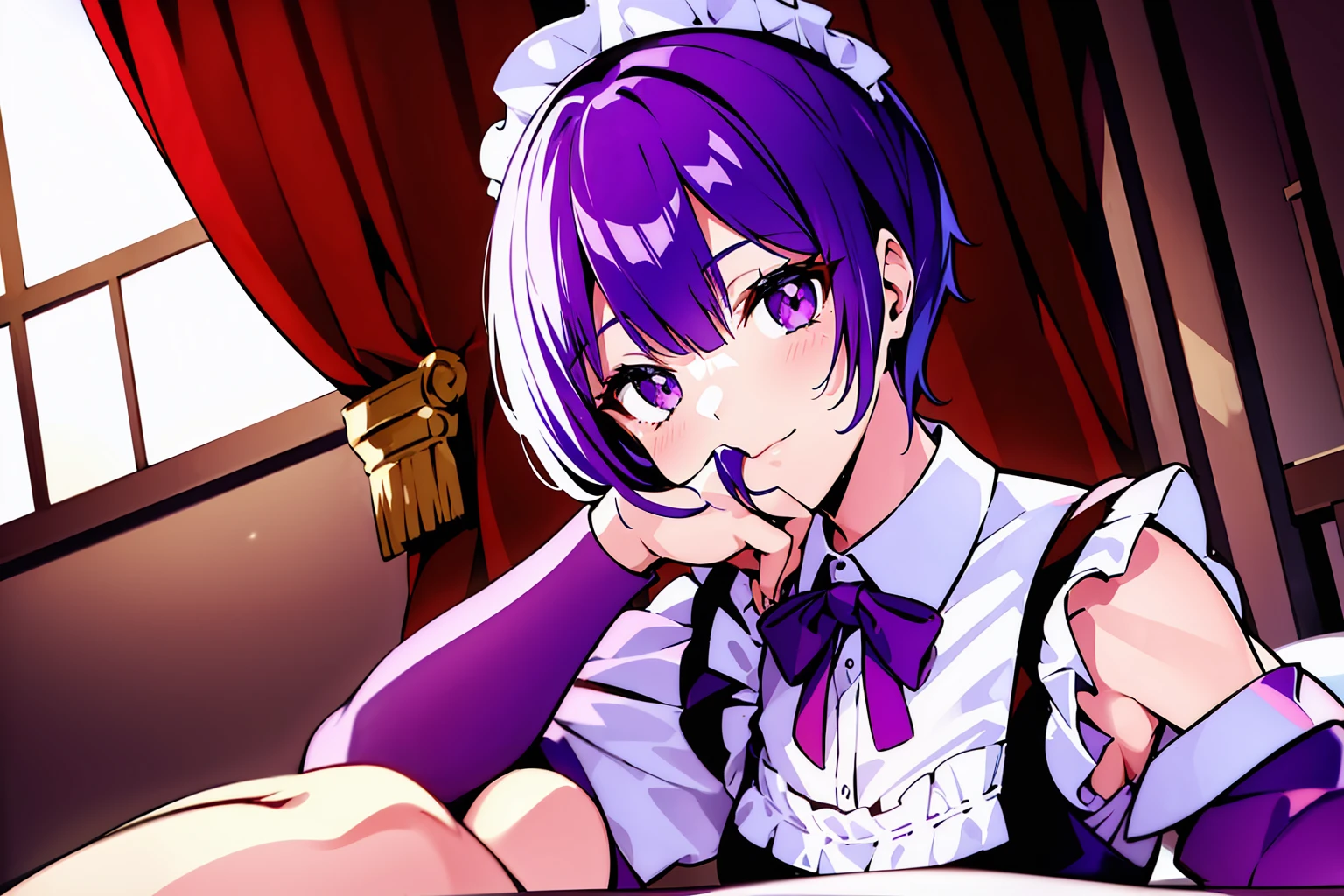1girl, short purple hair, purple eyes, wearing maid costume, close portrait, sitting in bed, close, high res, ultrasharp, 8K, masterpiece, looking at viewer