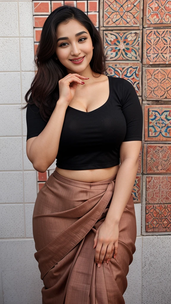 Madhuri Dixit Nene 26 years old beautiful different face cute sexy Indian girl, curvy figure, beautiful different colorful covered naxal design t-shirt, Bengali wife Matka Saree, big c-cup tight breast, different hairstyle, bright eyes, thin eyebrows, fair skin, blushing cheeks, head to thigh view, smiling face, Kamasutra expression, Straight front view standing beautiful different Moroccan Tiles background, ultra realistic, head to thigh view, black hair, Provocative eye Contact, glossy lips, attractive eye contract face,