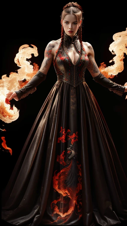 4K realistic, ultra-detailed photography of an athletic, demonic woman, demonic woman in a maxi leather dress, Hairstyle is a crazy braided hairstyle, demonic woman in a threatening moving standing model pose, The photo background is a wall of smoke, from which black roses come out, The mood of the photography is dark, large number of fiery tattoos