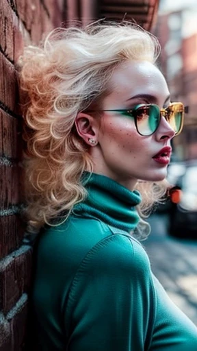 Rear view of 1 Russian Woman, legitimate albino, extremely thin and beautiful, perfect body, round ass, thin waist, wide hips, (well-shaped and delicate face with (freckles)), skin with highly detailed depth, is leaning against a brick wall, (hair over eyes, long, slightly messy and shiny, wavy blonde hair), (detailed, big bright eyes, light green eyes, curled eyelashes, big glasses), (sensual pout with mouth), wearing a short sweater showing the shoulders, (she is sweaty (shining with sweat)), ultra-realistic image, perfect symmetry, vibrant and sharp, dynamic vision, high quality, hyper-realistic and cinematic 64K.