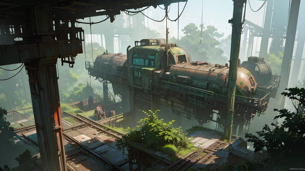 a futuristic and abandoned train station in a european jungle, cyberpunk style, aerial view, intricate details, highly detailed, 8k, photorealistic, cinematic lighting, moody atmosphere, overgrown vegetation, decaying infrastructure, neon lights, rusty metal, steam punk elements, glowing panels, advanced technology, complex machinery, futuristic architecture, dramatic shadows, vibrant colors