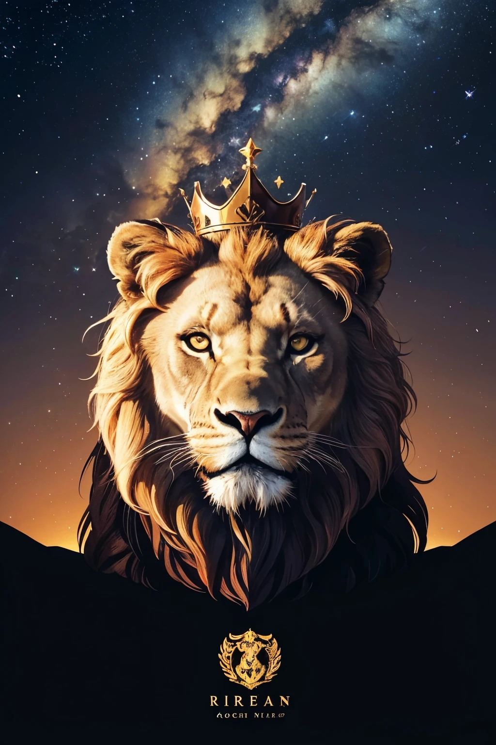 ((logo)), (detailded), (circular), Design a detailed pixel art logo of an imposing lion, with a crown of stars upon his head, roaring into the night sky of a serene valley. The lion must be depicted with a lush mane and piercing eyes, while the crown of stars shines with a celestial effect. The valley's night sky must include a visible Milky Way, twinkling stars and deep blue nuances, contrasting with the mountains and dark trees in the background. The scene should capture the majesty and power of the lion under a starry sky, with a level of detail that enhances the serenity of the natural environment.