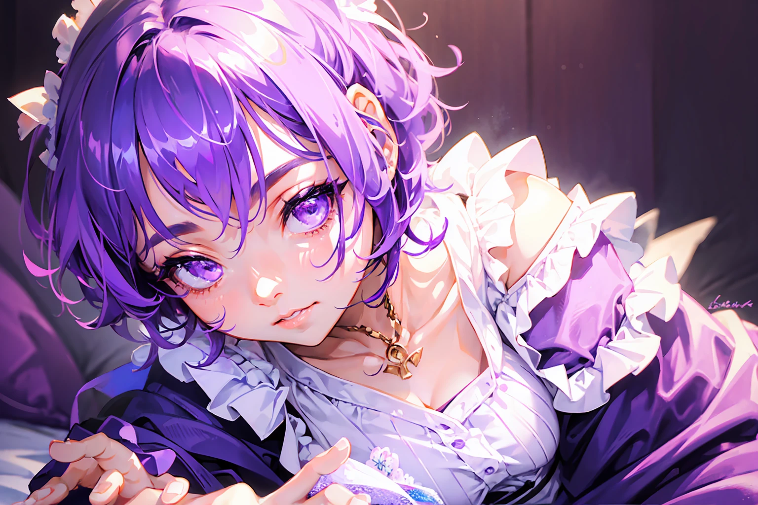 1girl, short purple hair, purple eyes, wearing maid costume, close portrait, sitting in bed, close, high res, ultrasharp, 8K, masterpiece, looking at viewer