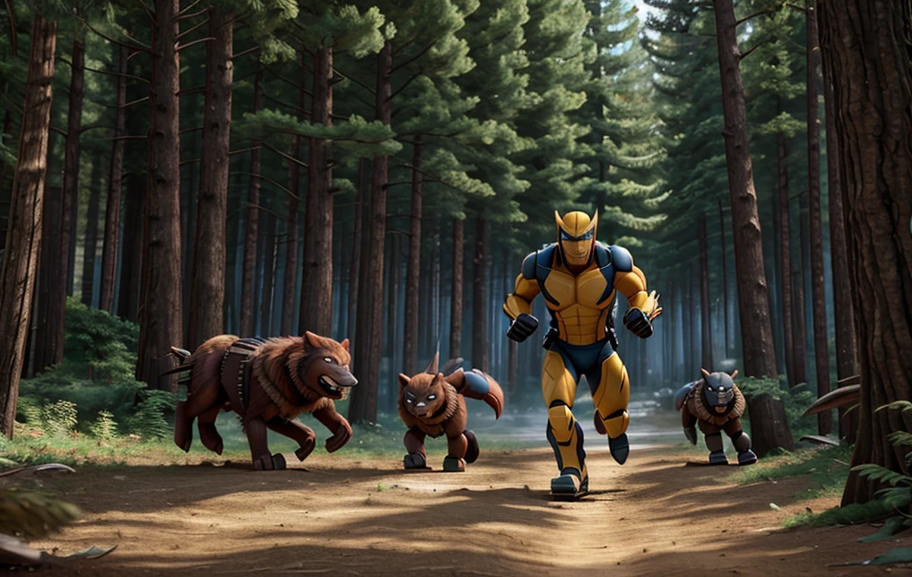 Wolverine weapon x running away, being hunted by robots in the realistic forest, well detailed in 8k