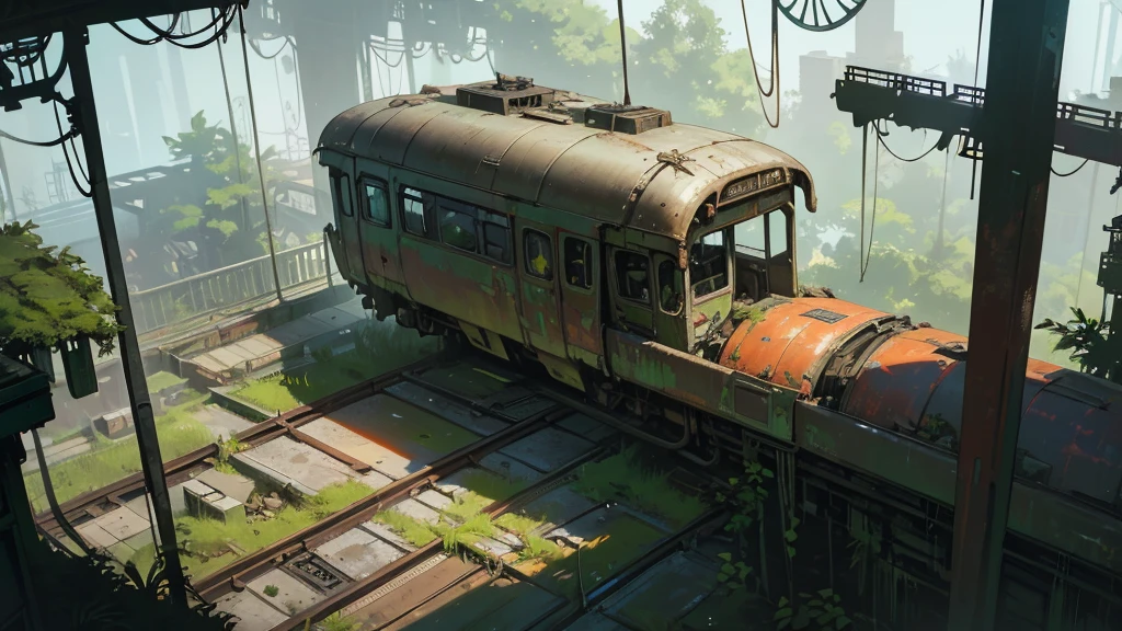 a futuristic and abandoned train station in a european jungle, cyberpunk style, aerial view, intricate details, highly detailed, 8k, photorealistic, cinematic lighting, moody atmosphere, overgrown vegetation, decaying infrastructure, neon lights, rusty metal, steam punk elements, glowing panels, advanced technology, complex machinery, futuristic architecture, dramatic shadows, vibrant colors