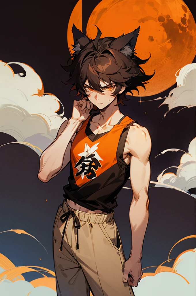 manhwa inspired, manga inspired, hand drawn, ink drawing, male, messy hair, dark tan, black hair, orange eyes, wolf ears, disdain, looking down at viewer, irritated, toned, black tank top, standing up, night sky, brown tones, looking forward