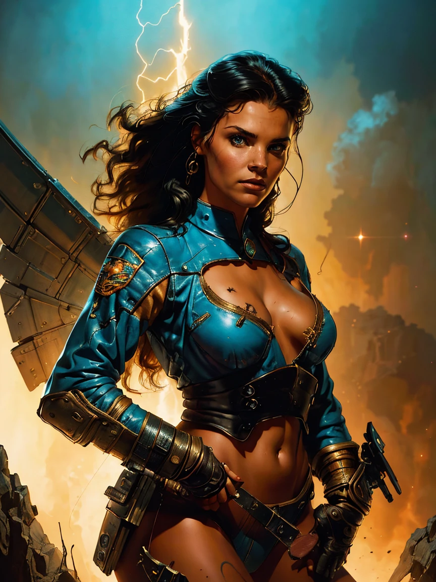 a young female space fighter pilot based on Michelle Rodriguez, sci-fi illustration, highly detailed cinematic fantasy portrait, black outlining, full color illustration, in the style of BORIS VALLEJO & JULIE BELL, masterpiece, 8k, ultra-detailed, physically-based rendering, vivid colors, dramatic lighting, intricate background, fantasy, photorealistic