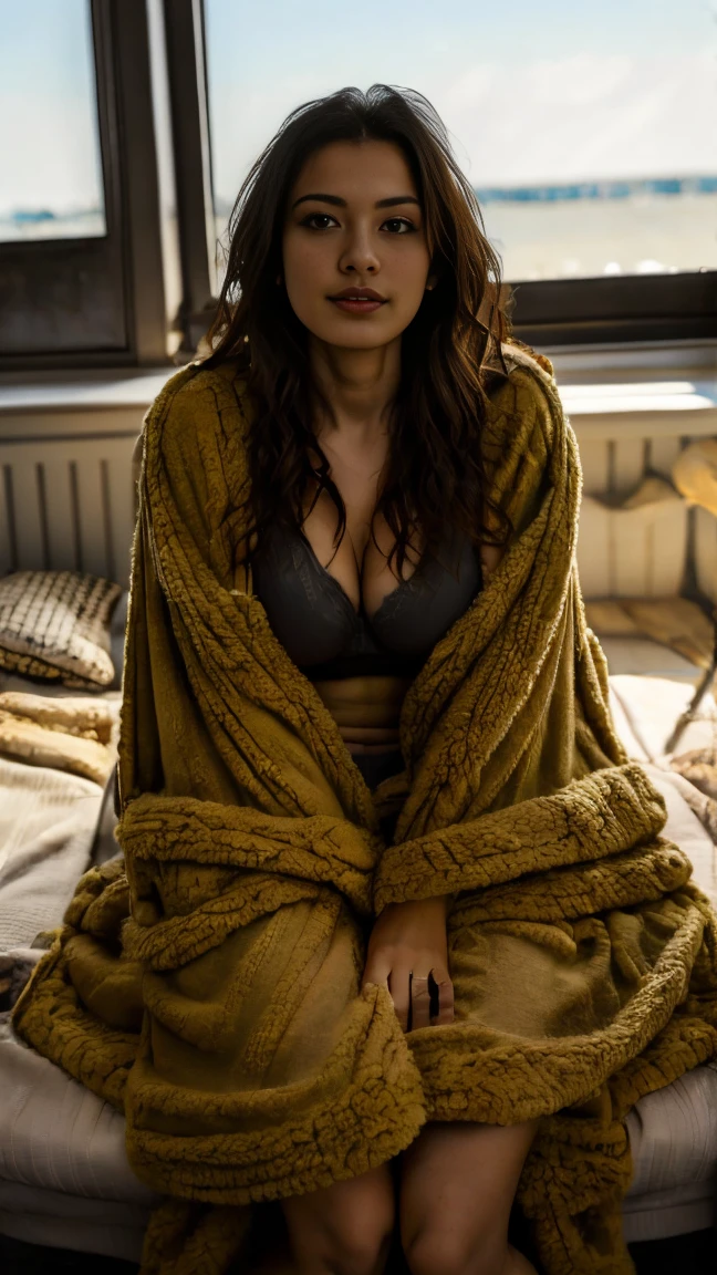 (raw style, Masterpiece, best quality, very detailed), (italian woman), big breasts, beautiful night, cheerful and happy, clear sky, Analog style, (skin texture, Film texture), Cinema-grade lighting, side lights, Ultra high resolution, small face, 축 처진 아주 big breasts, dawn, (firm), (bulb), (rice bulb), (Covered with a large blanket, sitting with legs spread.), (Glowing skin, Glowing skin),