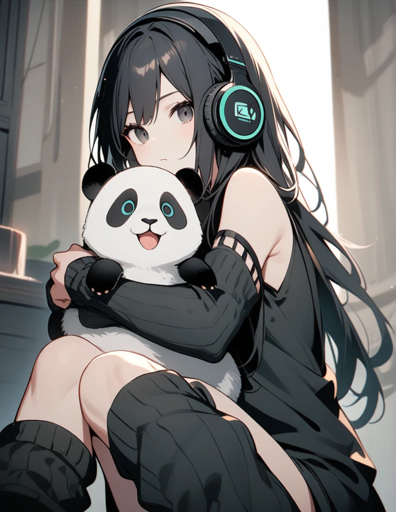 Black leg warmers, Black long hair, Black eyes,arm warmers, black headphones, holding panda