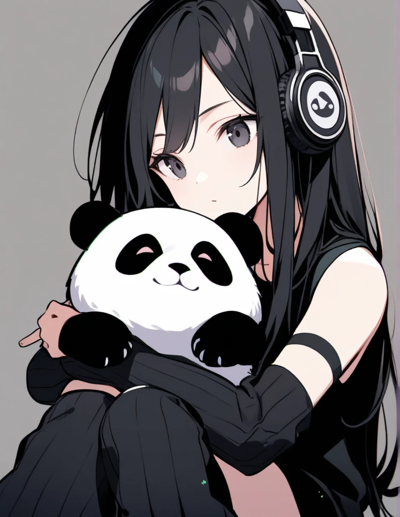 Black leg warmers, Black long hair, Black eyes,arm warmers, black headphones, holding panda