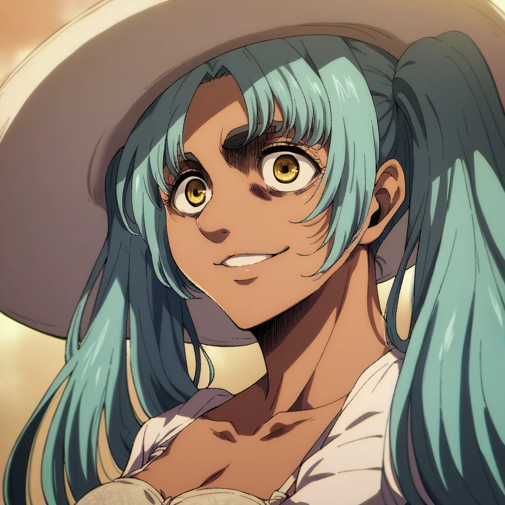 shingeki_no_kyojin_s4_style, portrait, solo, privaty, yellow eyes, aqua hair, twintails, very long hair, big breast, tan bra, sunhat, smile