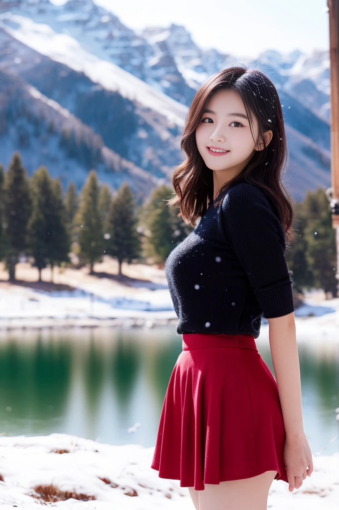 the Extremely Detailed CG Unity 8K Wallpapers, top-quality, ultra-detailed, masterpiece, realistic, Photo Real, extremely detailed cute girl, 16-years old, (skirt rift), (skirt lift by yourself)), Different color panties for each image, panties focus, red blush, cparted lips, looking at the viewers, Half body shot, Beautiful girl wearing fashionable and classy clothes, Beautiful snowfall landscape with snowy mountains) Different hair lengths and waves for each image, Sweet smile