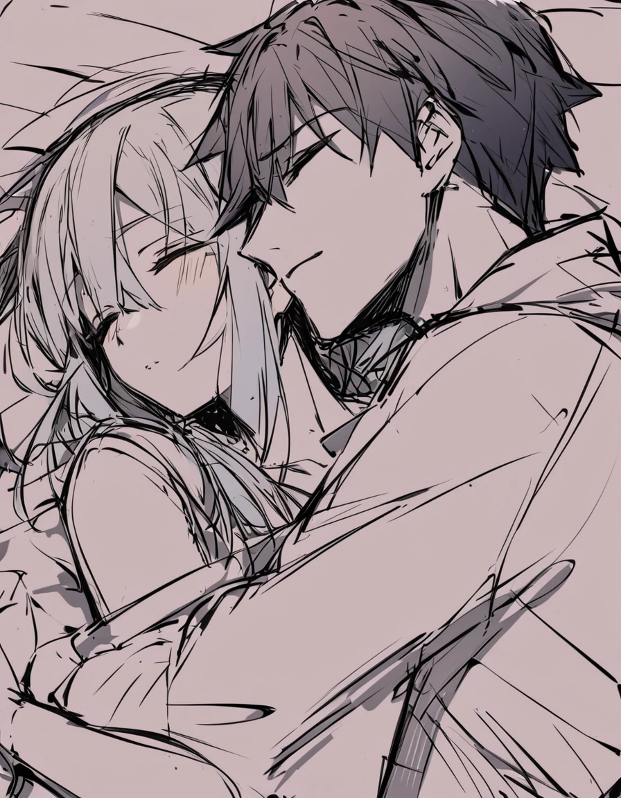 anime, sketch, a man and a woman asleep on each other&#39;s shoulders, anime style, a bald man, a woman with long white hair and dark skin