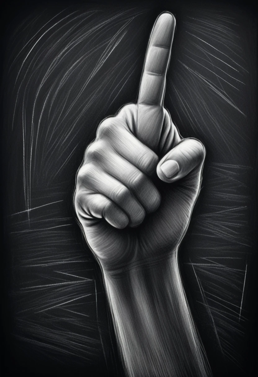 Hand showing middle finger gesture, sketching, drawing with white chalk on black board background. Detailed textures and lines, realistic style.