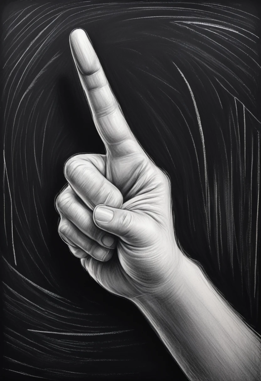 Hand showing middle finger gesture, sketching, drawing with white chalk on black board background. Detailed textures and lines, realistic style.