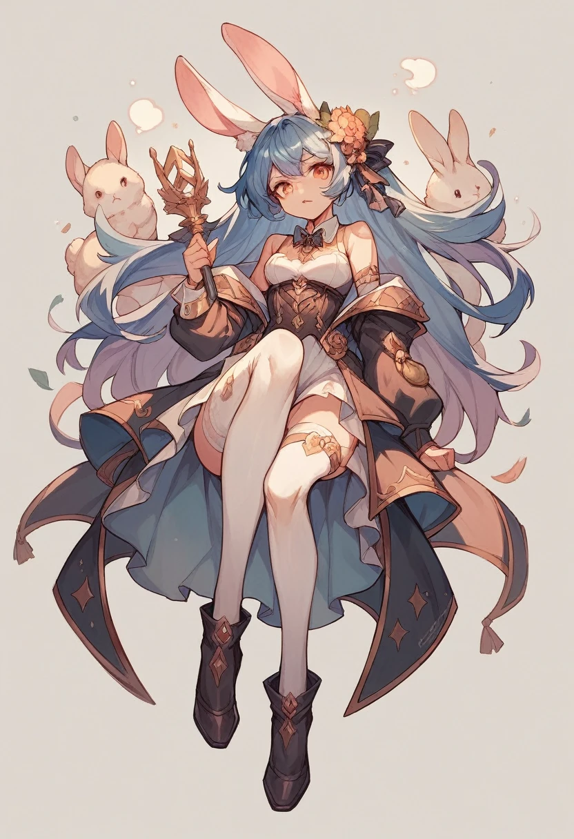 Create the image of a bunny girl, with rabbit legs and clothes there manage in 3 front perspective, side and back