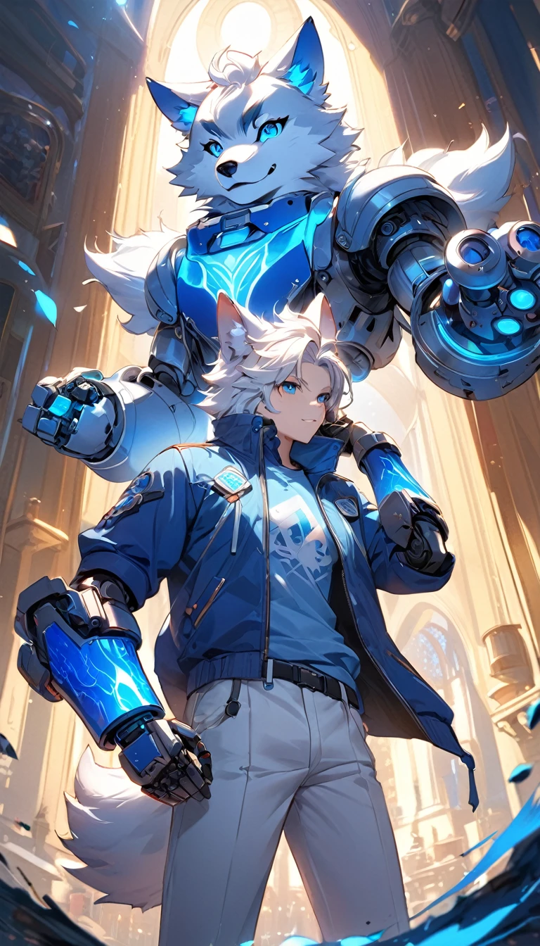 work of art, Exquisite and detailed, 4K, 8K, high resolution, furry kemono commission style, design of character, high-tech fantasy style, furry wolf, white fur, long white hair with blue details, open white jacket, blue T-shirt, White pants, robotic arms floating next to his shoulder, a cute little robot floating above his head, blue flame effect surrounding him in the background, details about clothes, dynamic light , no back ground, highy detailed