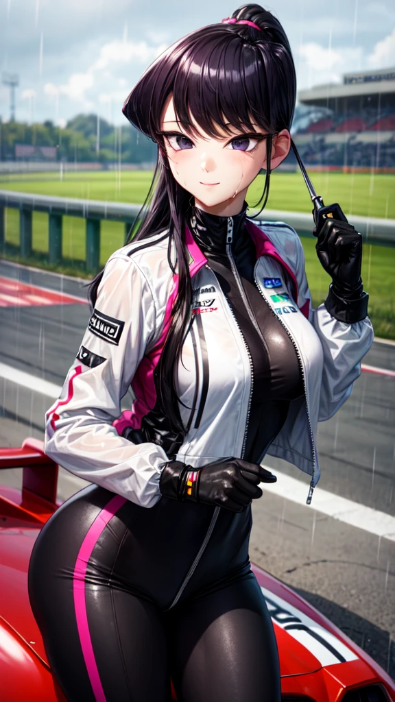((perfect hands)), ((perfect anatomy)), (((komi_shouko))), purple hair, ponytail, purple eyes, large breast, wet body, sports racing car, race track background, smiling, Porsche, heavy rain, gray sky, detailed hair, sit, 1girl, closed mouth black bodysuit, cropped jacket, white jacket, long sleeves, two-tone gloves, thigh boots, close up