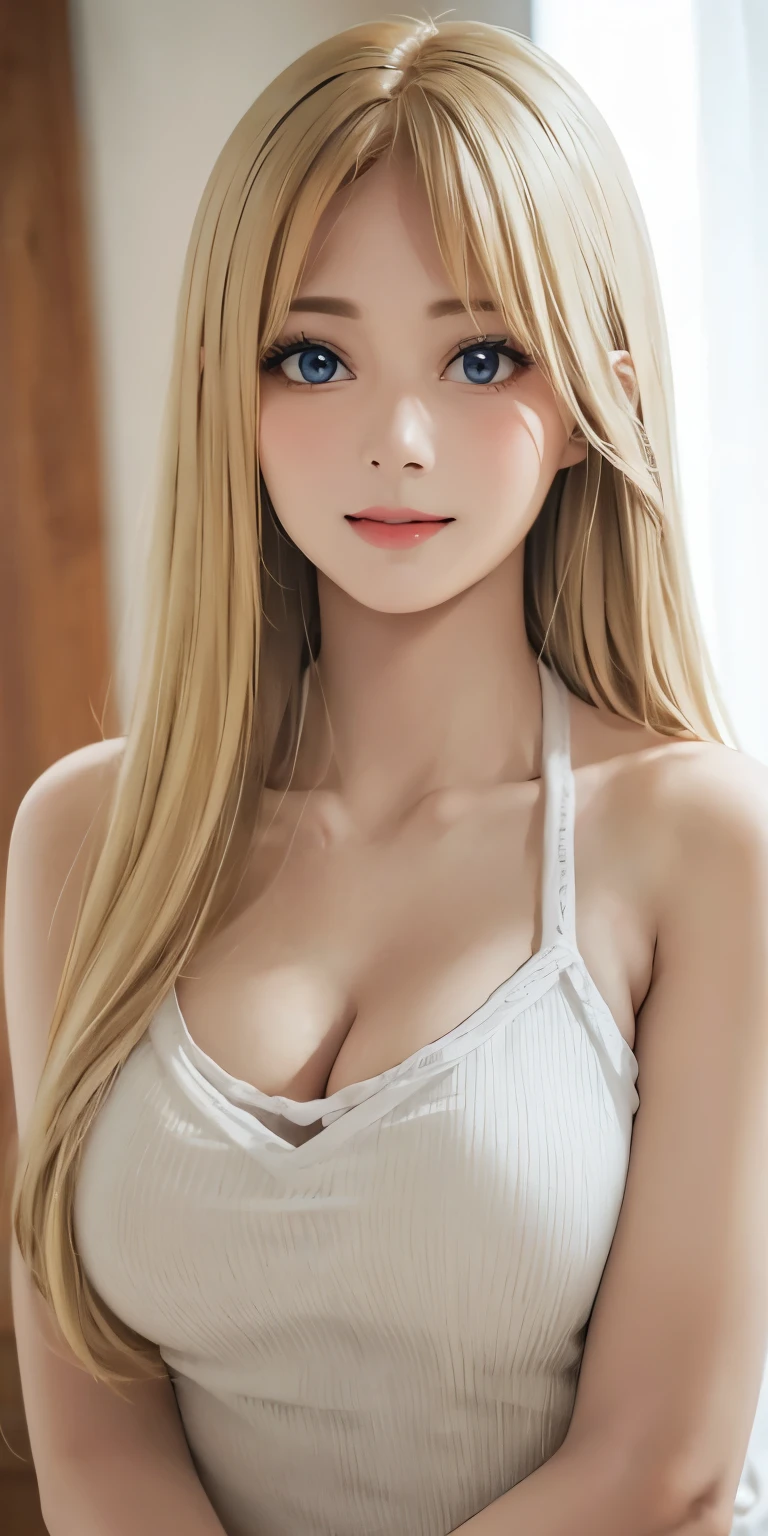 housewife adult woman, long neck, blonde hair, long hair, bangs, casual clothes, cleavage, soft light, high quality, 4k resolution
