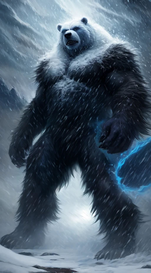 Polar bear stands looking at the sky Medium muscular, frozen planet setting, snowstorm , zoomed in on crotch, , chunie, darkgem,Monstrous blizzard with the fierce face of a bear,engulfed in whiteout conditions,swirling snow,and buffeting winds. Cinematic,mysterious,sinister,scary,wild,deadly,and beastly. A nightmarish masterpiece.,