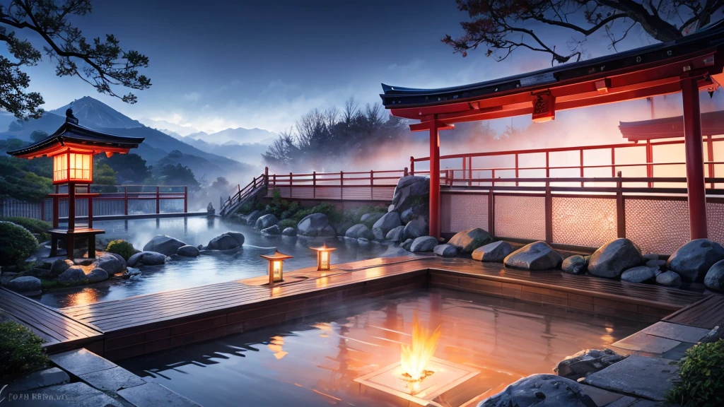 japanes Beautie 8 K RAW Photography Background with Hot spring image fog mist like hakone starly night