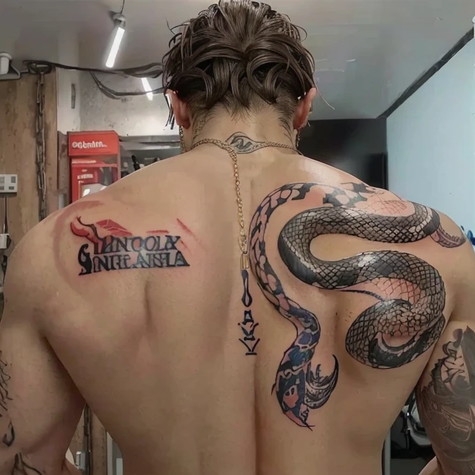 Arafed man with a tattoo of a snake and a chain., the lower half of his body is a snake, chest up human lower half snake, a tattoo on the back, with a tentacle tattoo, tattooed back, with a squid tattoo on his arms, full tattoo, by Zack Stella, with a squid tattoo, few tattoos, ritual tattoos, by Emma Andijewska