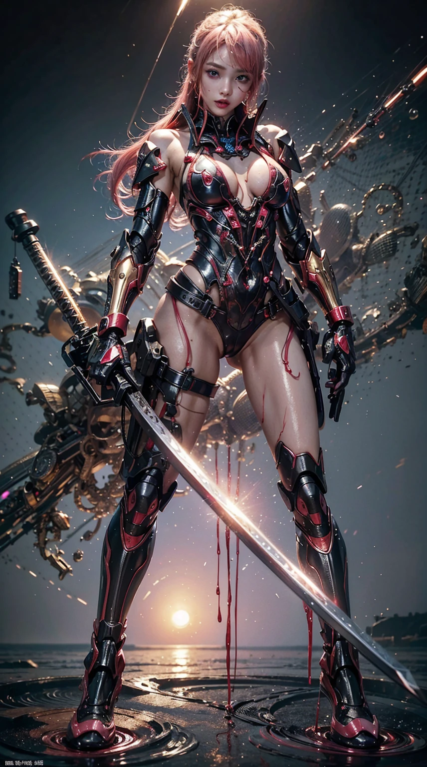 Highest quality、Surreal、Perfect Anatomy、In the middle of a crowded arena、Surrounded by spectators、Crowd、Wet and shiny white skin、Sweat dripping all over the body、Slender model figure、Ahegao、Golden and pink hair、soaked、Super small face、Collars and Leads、Cyberpunk Girl、photo shoot、Black Japanese sword、Black micro bikini、latex、Heart decoration、Cleavage、Dripping blood、Intricate, luminous mechanical parts、
