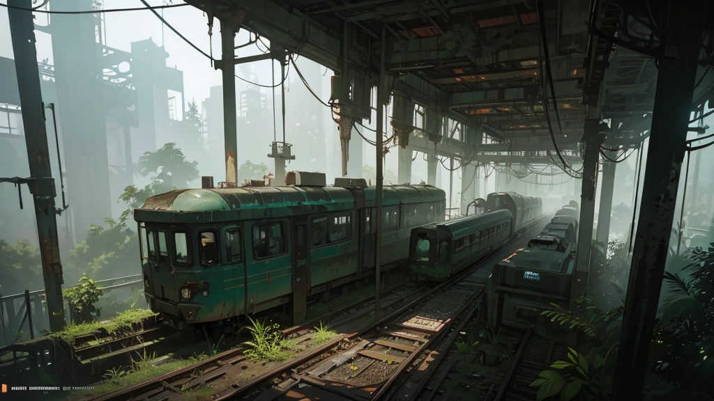 a futuristic and abandoned train station in a european jungle, cyberpunk style, aerial view, intricate details, highly detailed, 8k, photorealistic, cinematic lighting, moody atmosphere, overgrown vegetation, decaying infrastructure, neon lights, rusty metal, steam punk elements, glowing panels, advanced technology, complex machinery, futuristic architecture, dramatic shadows, vibrant colors