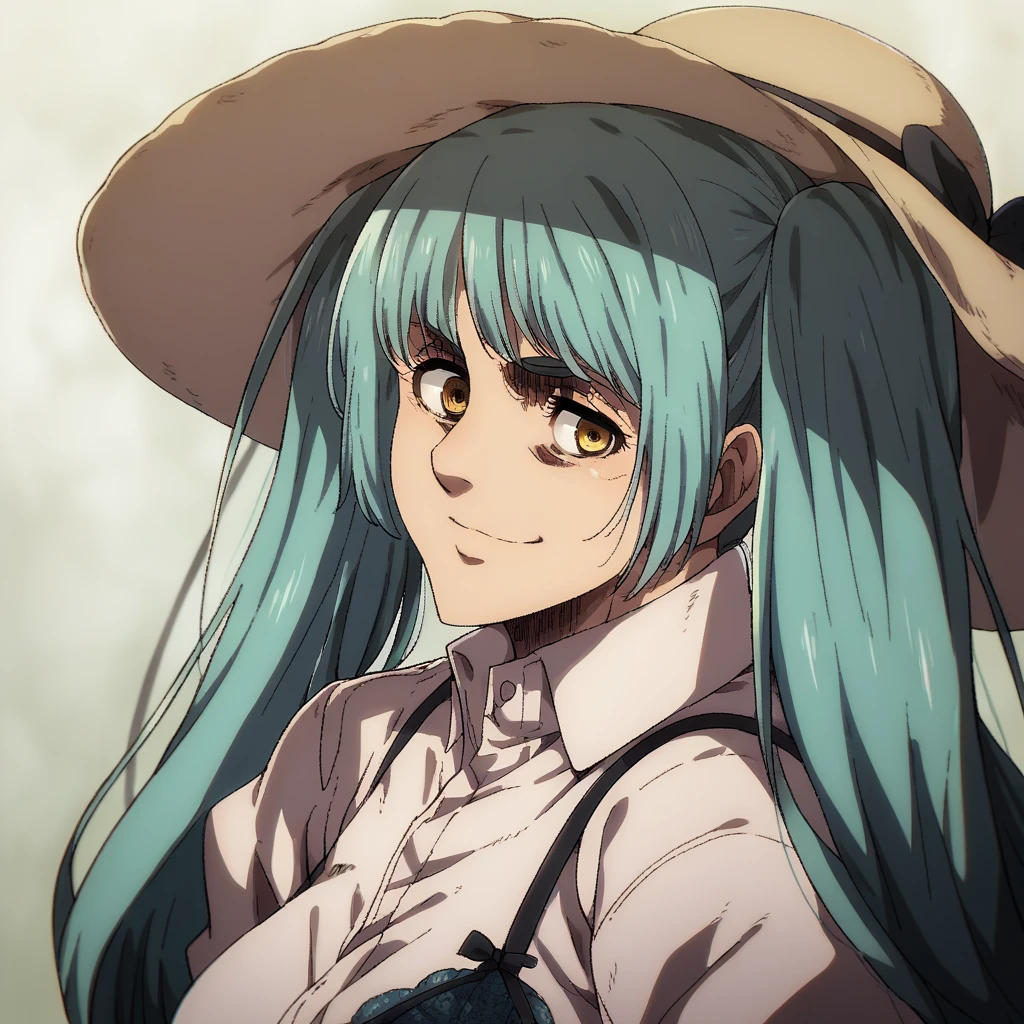 shingeki_no_kyojin_s4_style, portrait, solo, privaty, yellow eyes, aqua hair, twintails, very long hair, big breast,  bra, sunhat, smile