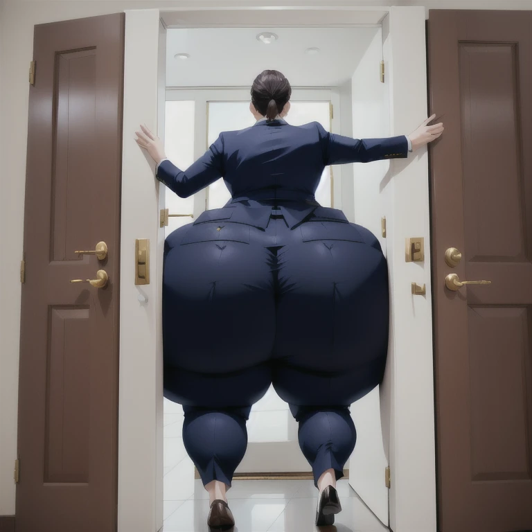 masterpiece, 1girl behind a doorway, from behind, (doorstuck, stuckbehind:1.3), huge hips, round belly, thick thighs, colorful clothing, wearing suit and tie and formal pants, upset, desperately trying to wiggle through, she tries to free herself but she won't budge, she is stuck tight view from behind