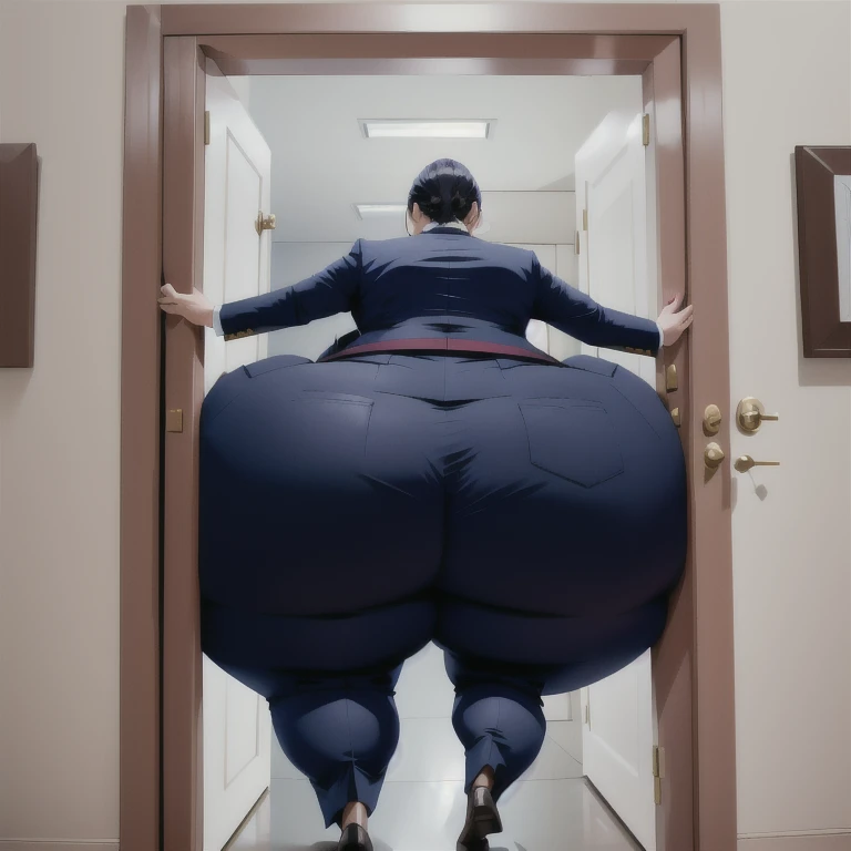 masterpiece, 1girl behind a doorway, from behind, (doorstuck, stuckbehind:1.3), huge hips, round belly, thick thighs, colorful clothing, wearing suit and tie and formal pants, upset, desperately trying to wiggle through, she tries to free herself but she won't budge, she is stuck tight view from behind