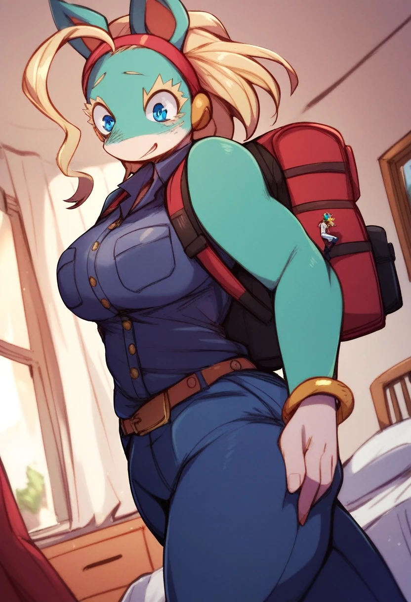 1girl,ippan josei,animal ears,backpack,bag,breast pocket,breasts,bed room,freckles,furry,giant,giantess,hairband,pants,pocket,shirt,snout,standing,walking,bangle,blonde hair, ahoge,blue eyes,colored skin,blue skin,multicolored skin,white skin,