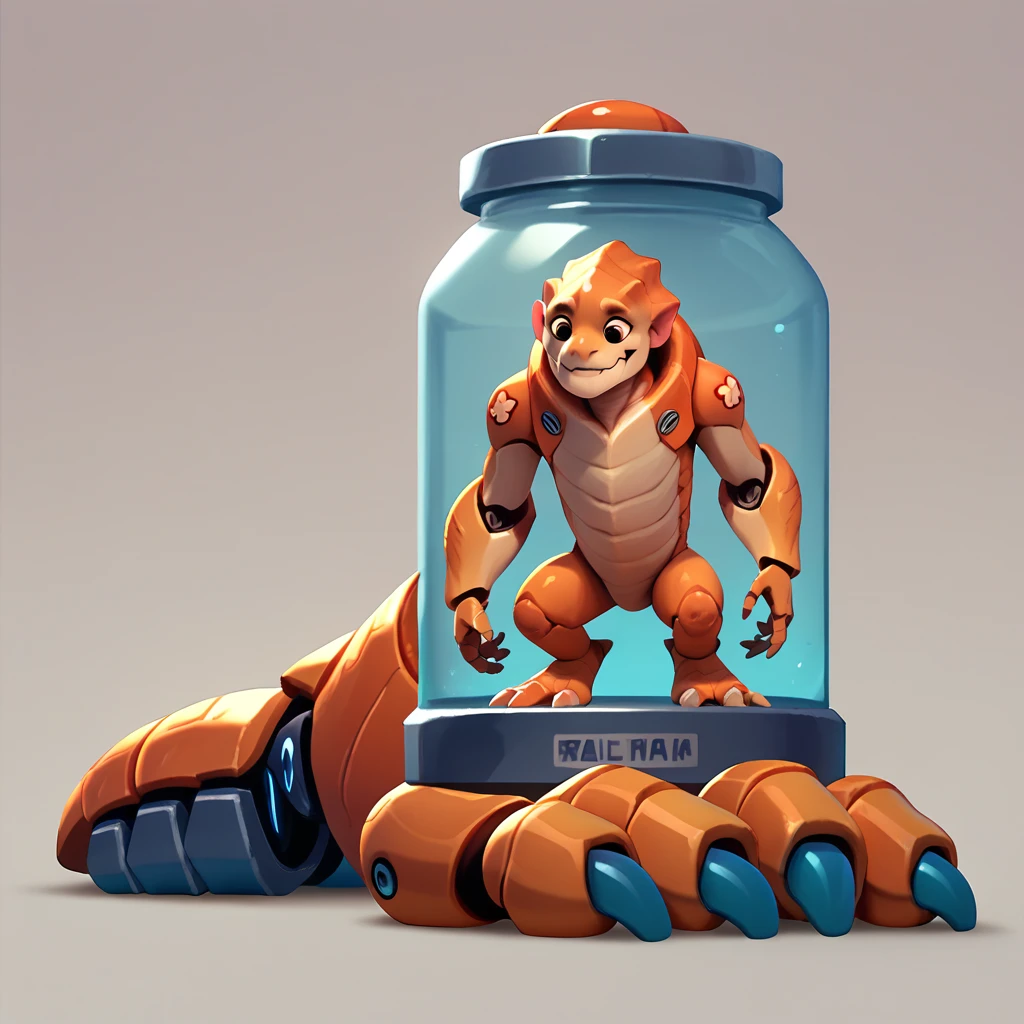 a giant mechanical jar containing a gelatinous monster, mechanical jar with arms and legs, smiling monster