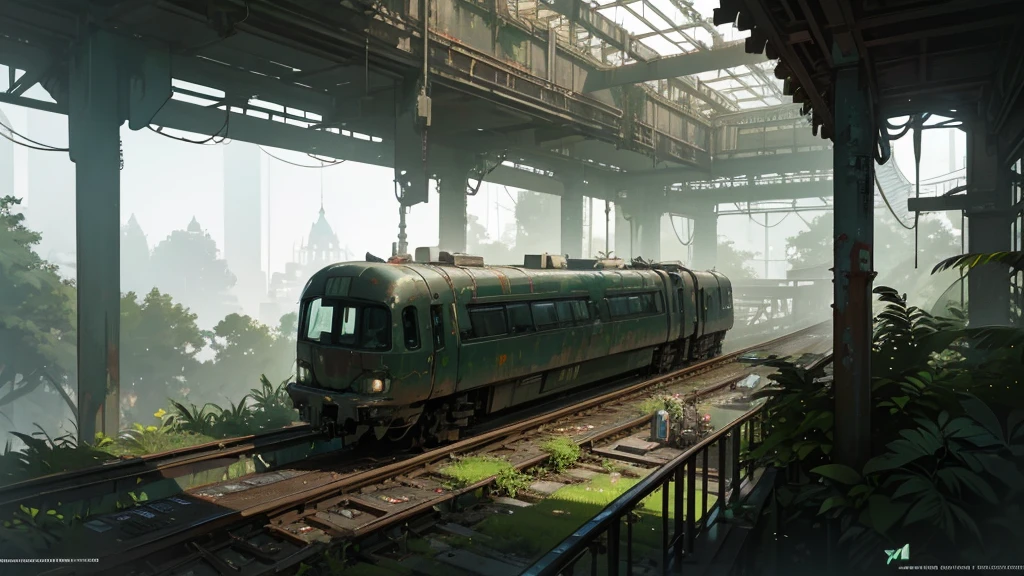 a futuristic and abandoned train station in a european jungle, cyberpunk style, aerial view, intricate details, highly detailed, 8k, photorealistic, cinematic lighting, moody atmosphere, overgrown vegetation, decaying infrastructure, neon lights, rusty metal, steam punk elements, glowing panels, advanced technology, complex machinery, futuristic architecture, dramatic shadows, vibrant colors