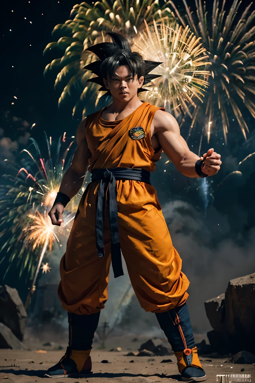 boy,Drawing style in Dragon Ball,Drawing style by Akira Toriyama,Firepower+Steam+Goku is impossible, The top is broken, Saiyan is full of blazing flames and fireworks skills,featuring.actionpose,Full body,(Calls:0.7),Competent special effects processing,High detail