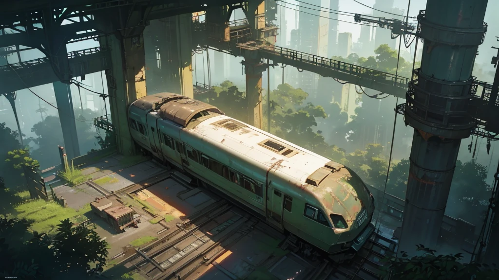 a futuristic and abandoned train station in a european jungle, cyberpunk style, aerial view, intricate details, highly detailed, 8k, photorealistic, cinematic lighting, moody atmosphere, overgrown vegetation, decaying infrastructure, neon lights, rusty metal, steam punk elements, glowing panels, advanced technology, complex machinery, futuristic architecture, dramatic shadows, vibrant colors