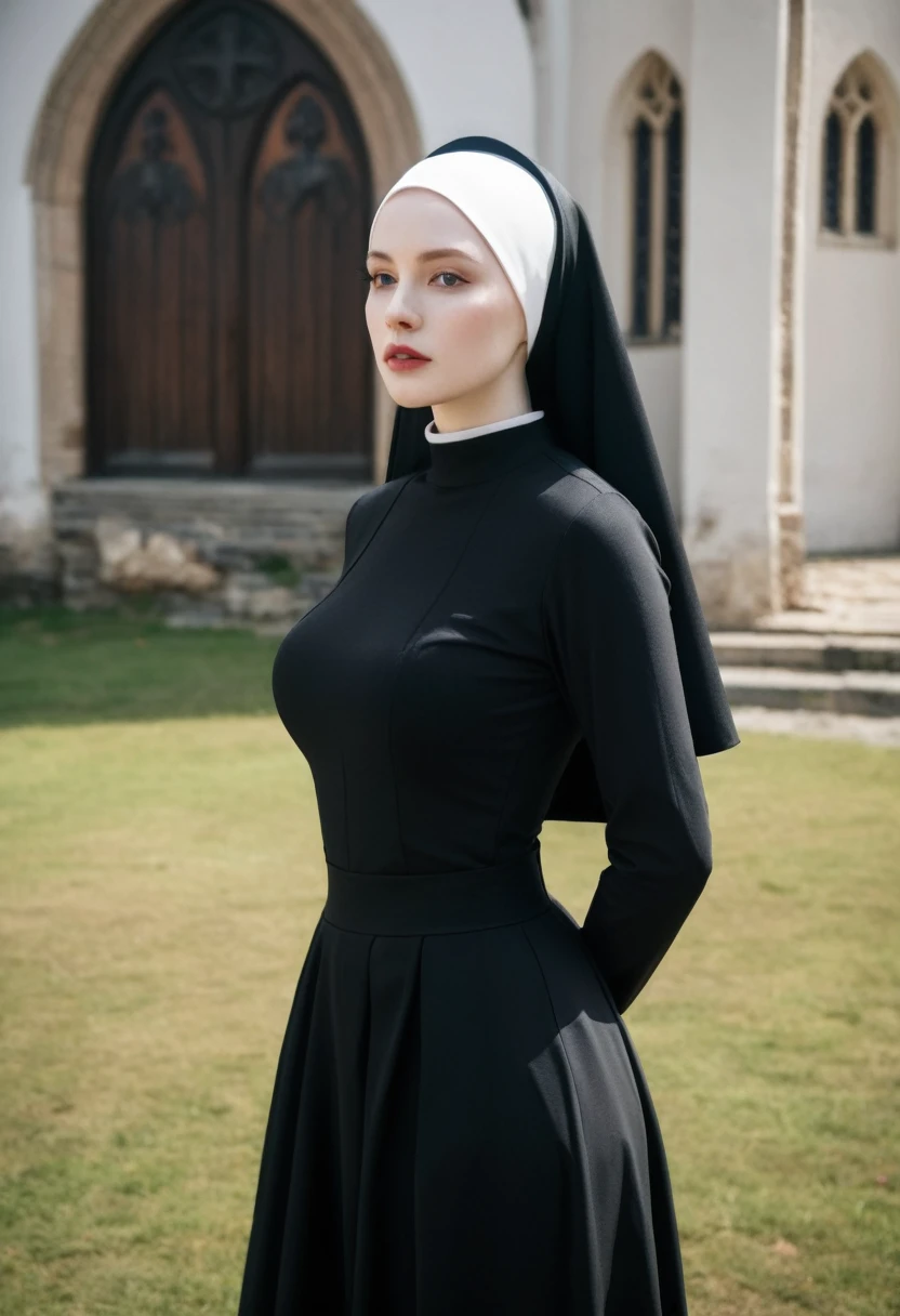 Young woman, pale skin, absolutely beautiful, huge breasts, wide hips, tight nun habit, (church background) (4k image) (highest quality)