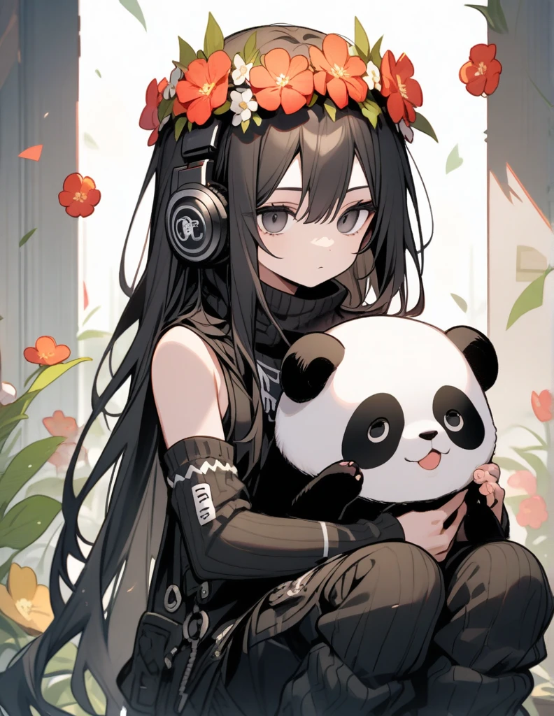 Black leg warmers, Black long hair, Black eyes,arm warmers, black headphones, holding panda, flower crown