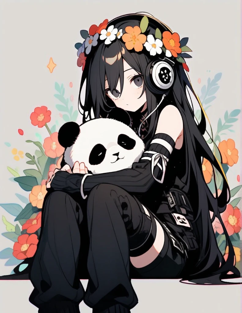 Black leg warmers, Black long hair, Black eyes,arm warmers, black headphones, holding panda, flower crown 