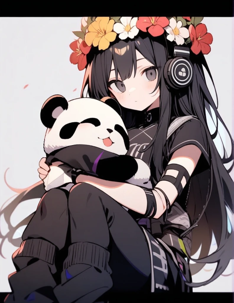 Black leg warmers, Black long hair, Black eyes,arm warmers, black headphones, holding panda, flower crown