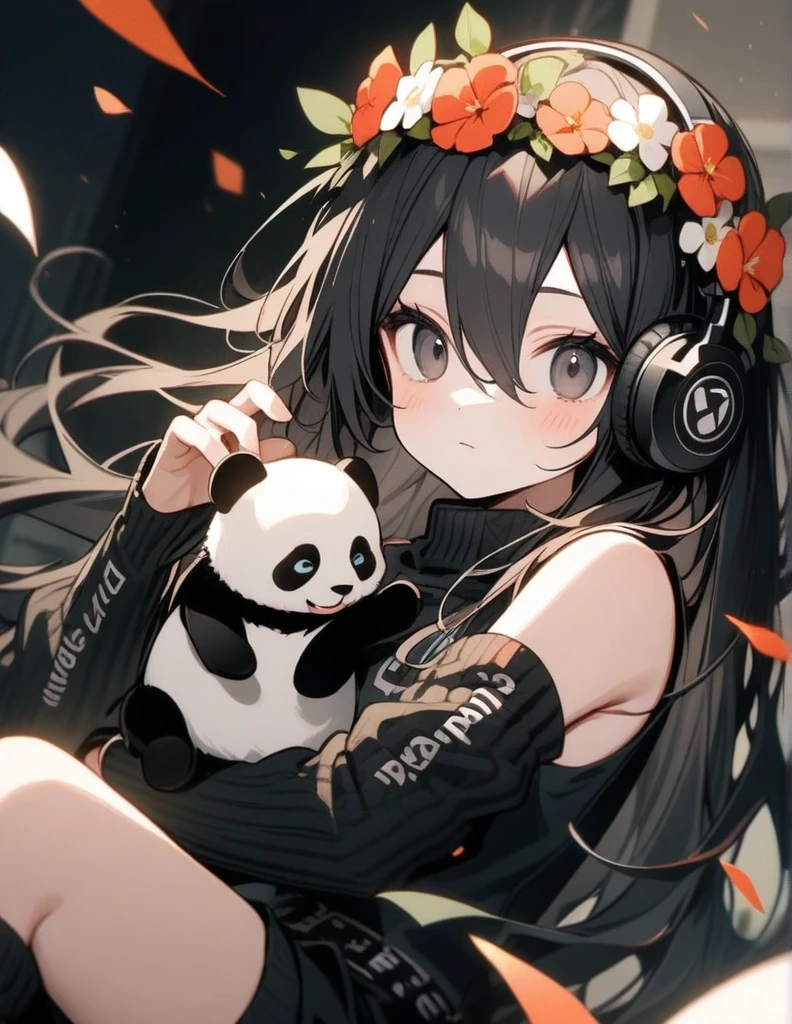 Black leg warmers, Black long hair, Black eyes,arm warmers, black headphones, holding panda, flower crown